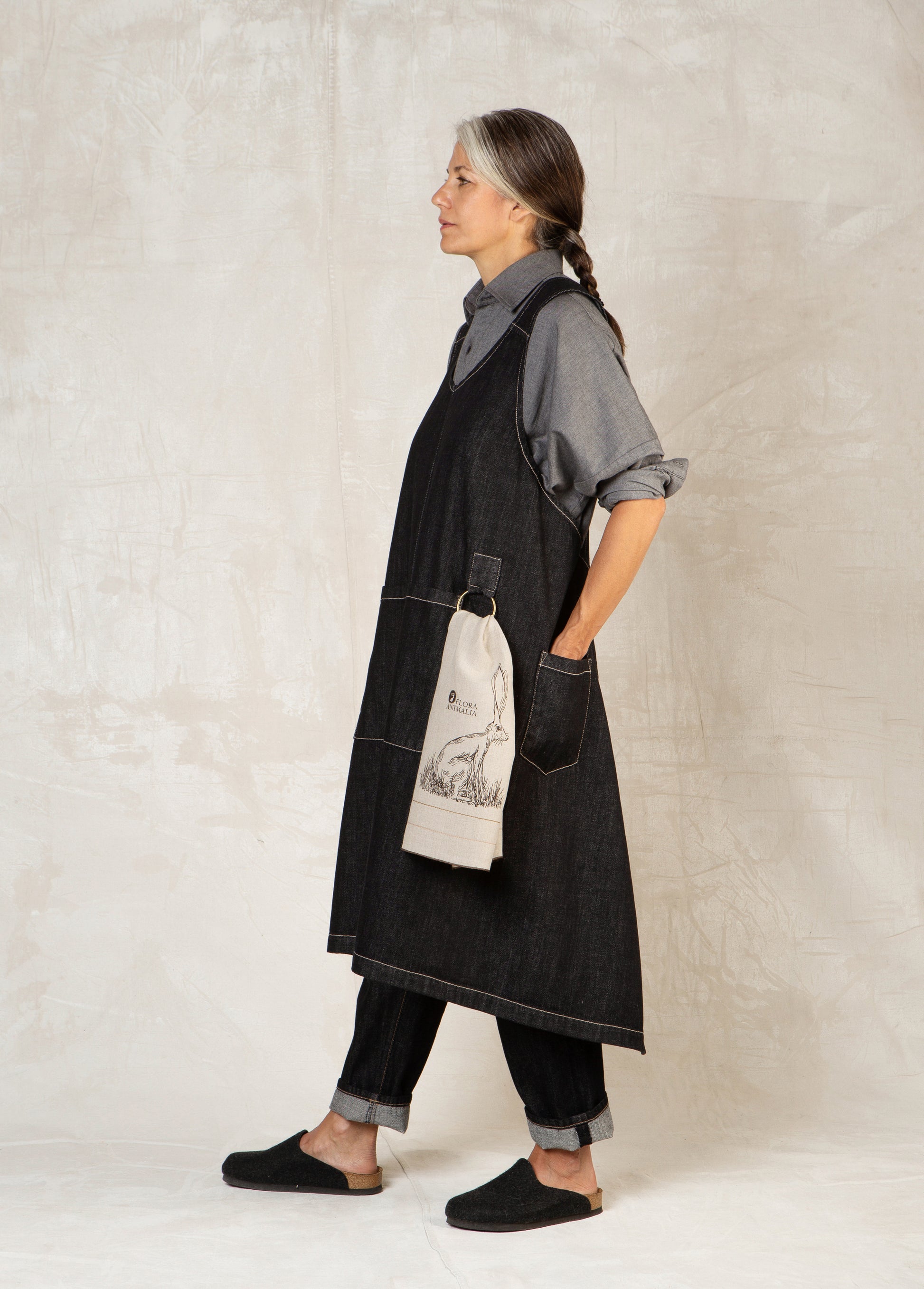black denim pinafore apron side
