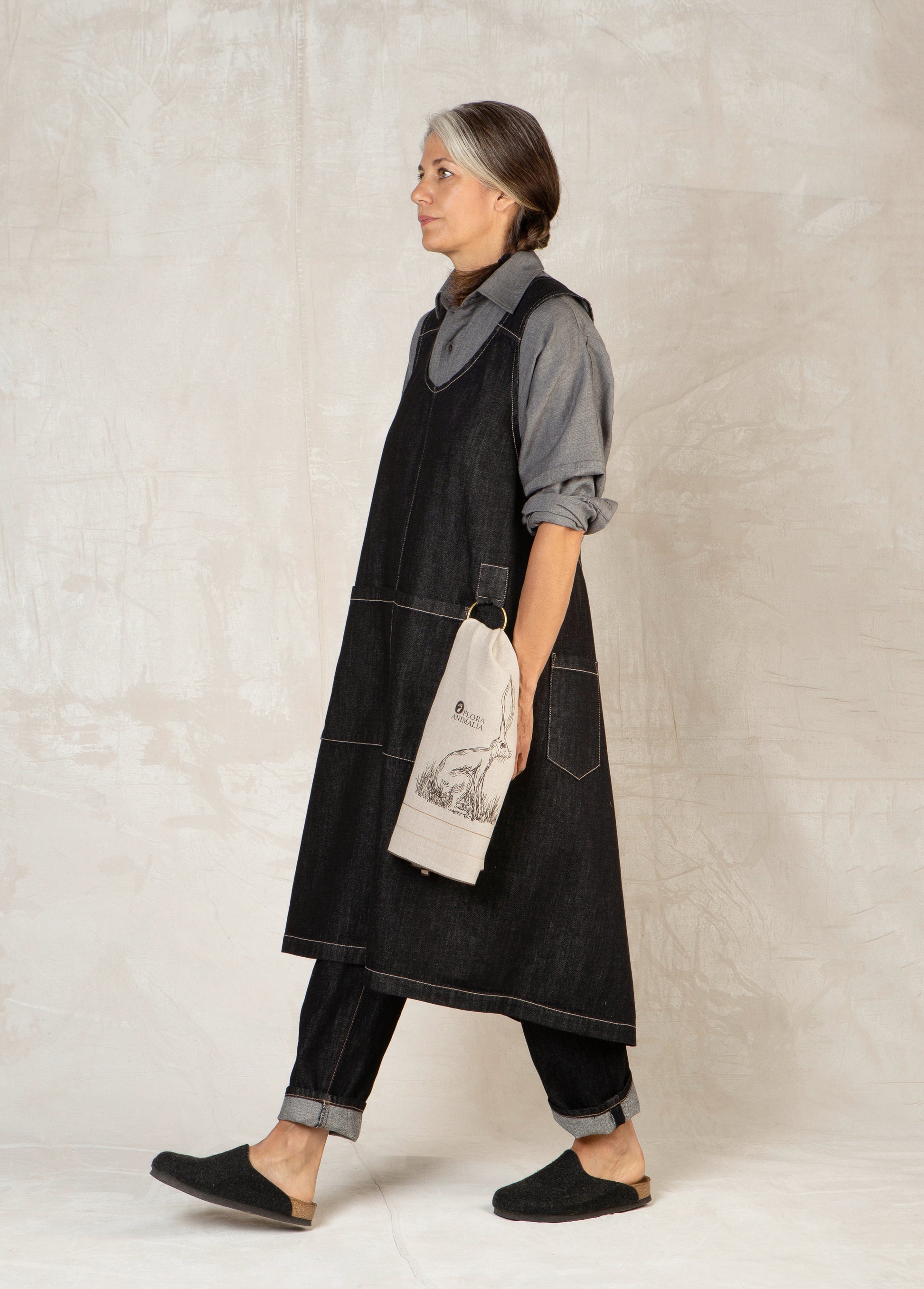 black denim pinafore apron side