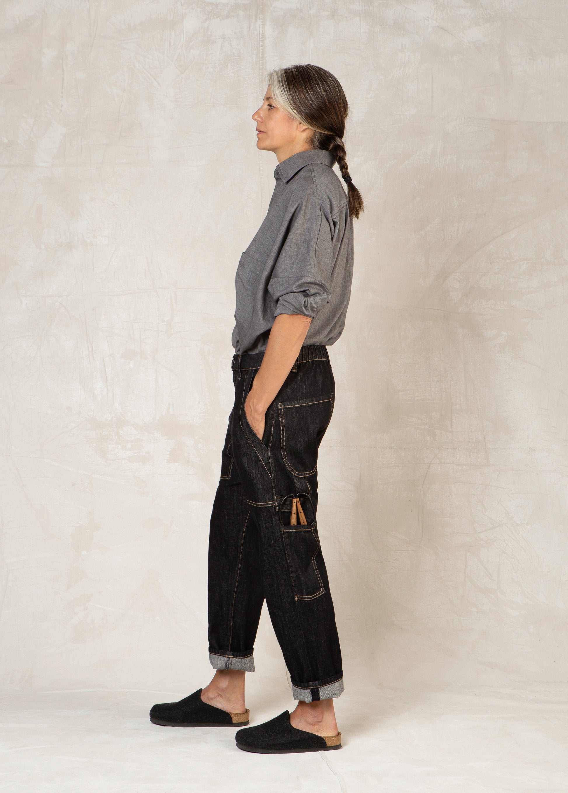 black denim cropped pant side view