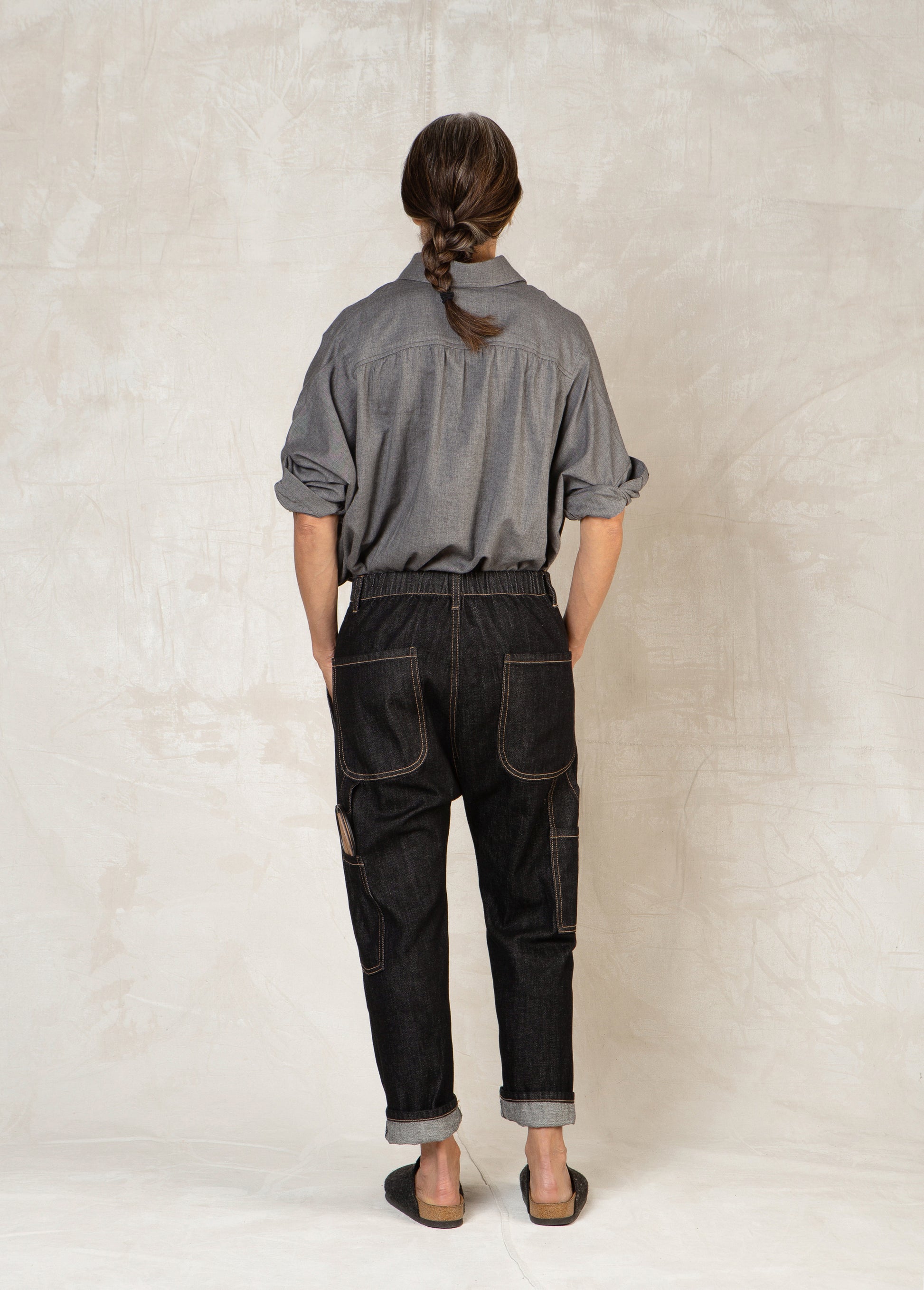 black denim cropped pant back view
