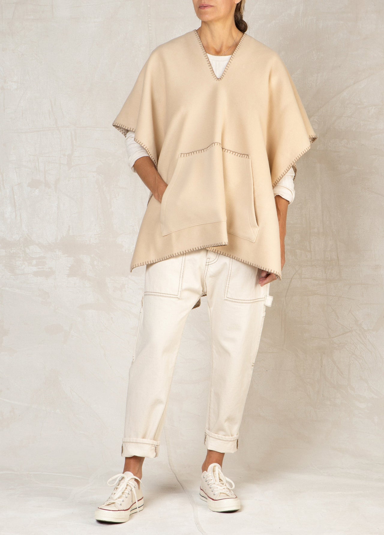 wheat color pull over fleece poncho with stitching