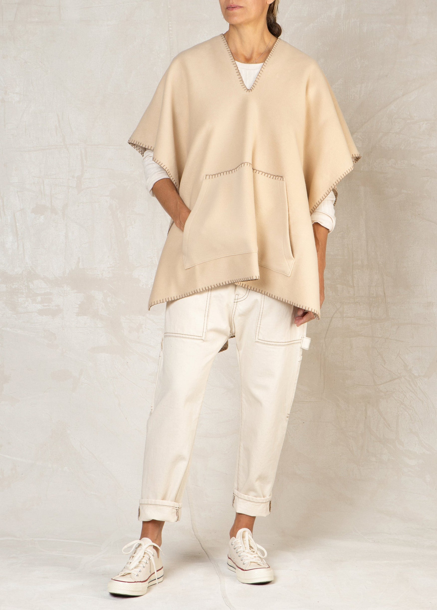 wheat color pull over fleece poncho with stitching