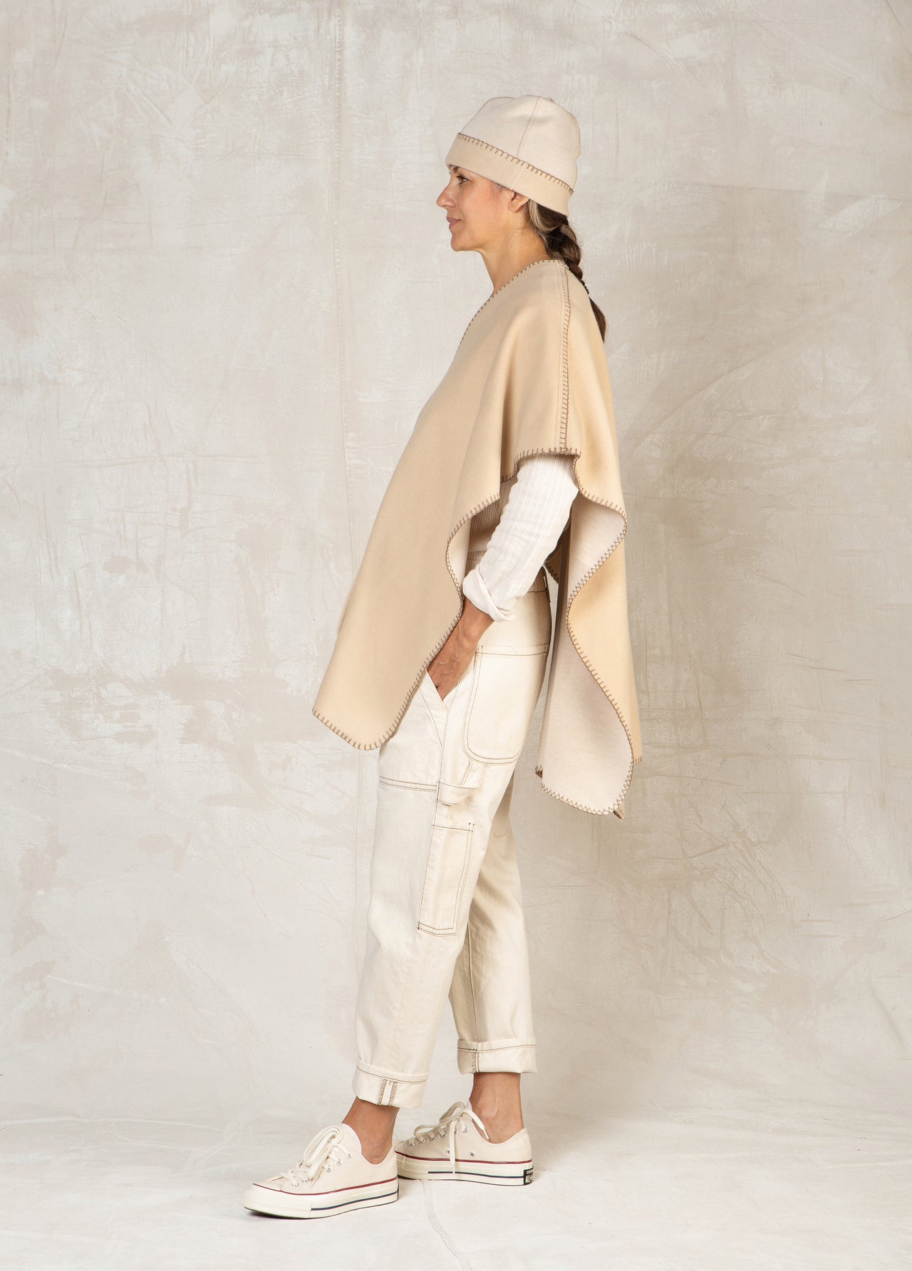 wheat color pull over fleece poncho with stitching