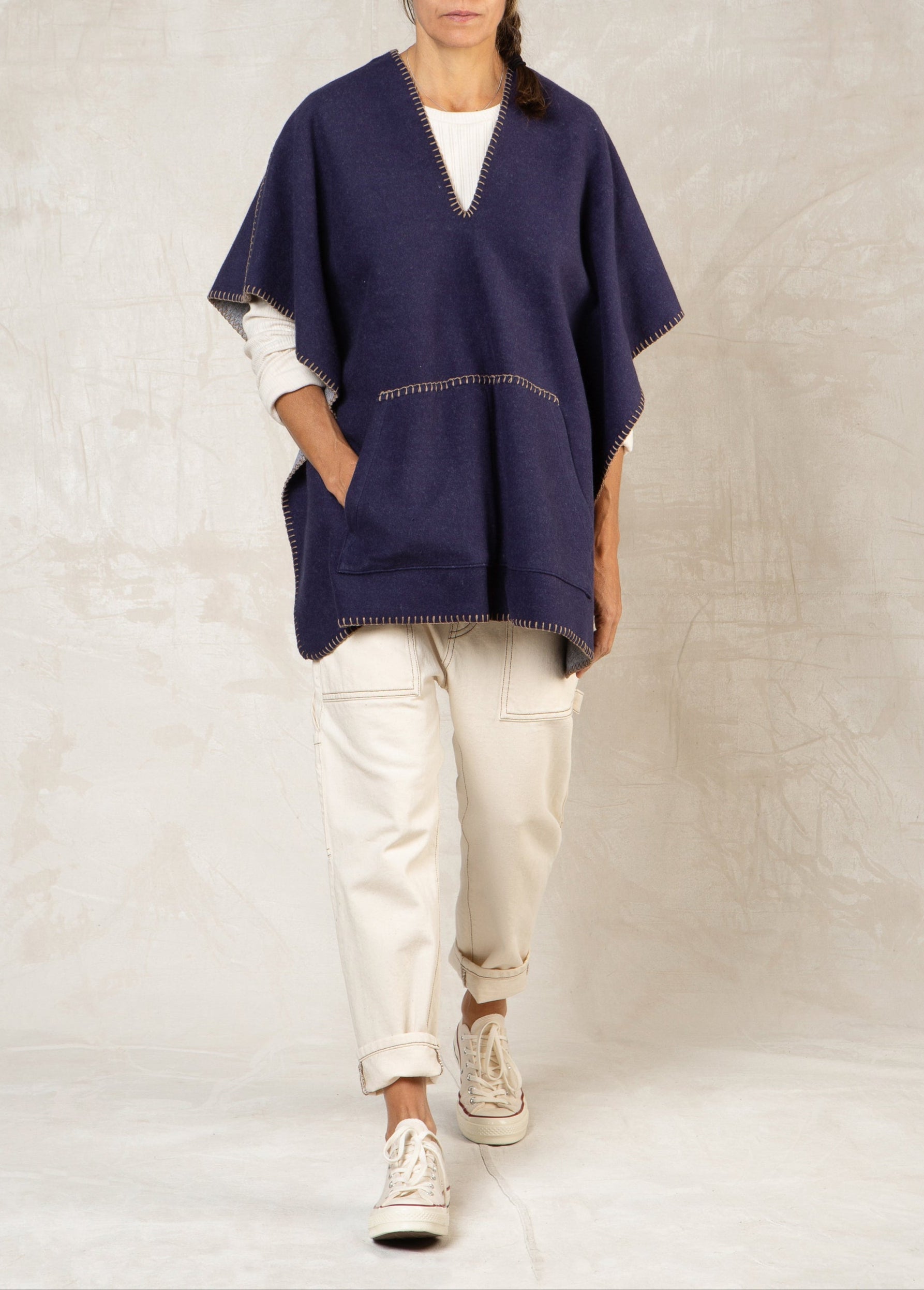 indigo blue pull over fleece poncho with stitching