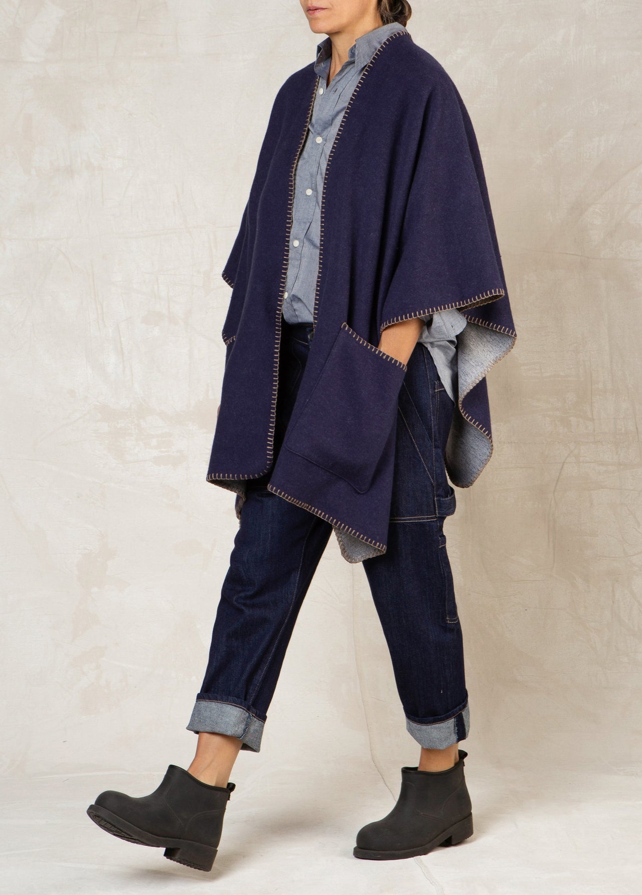 indigo blue fleece poncho open front with stitching