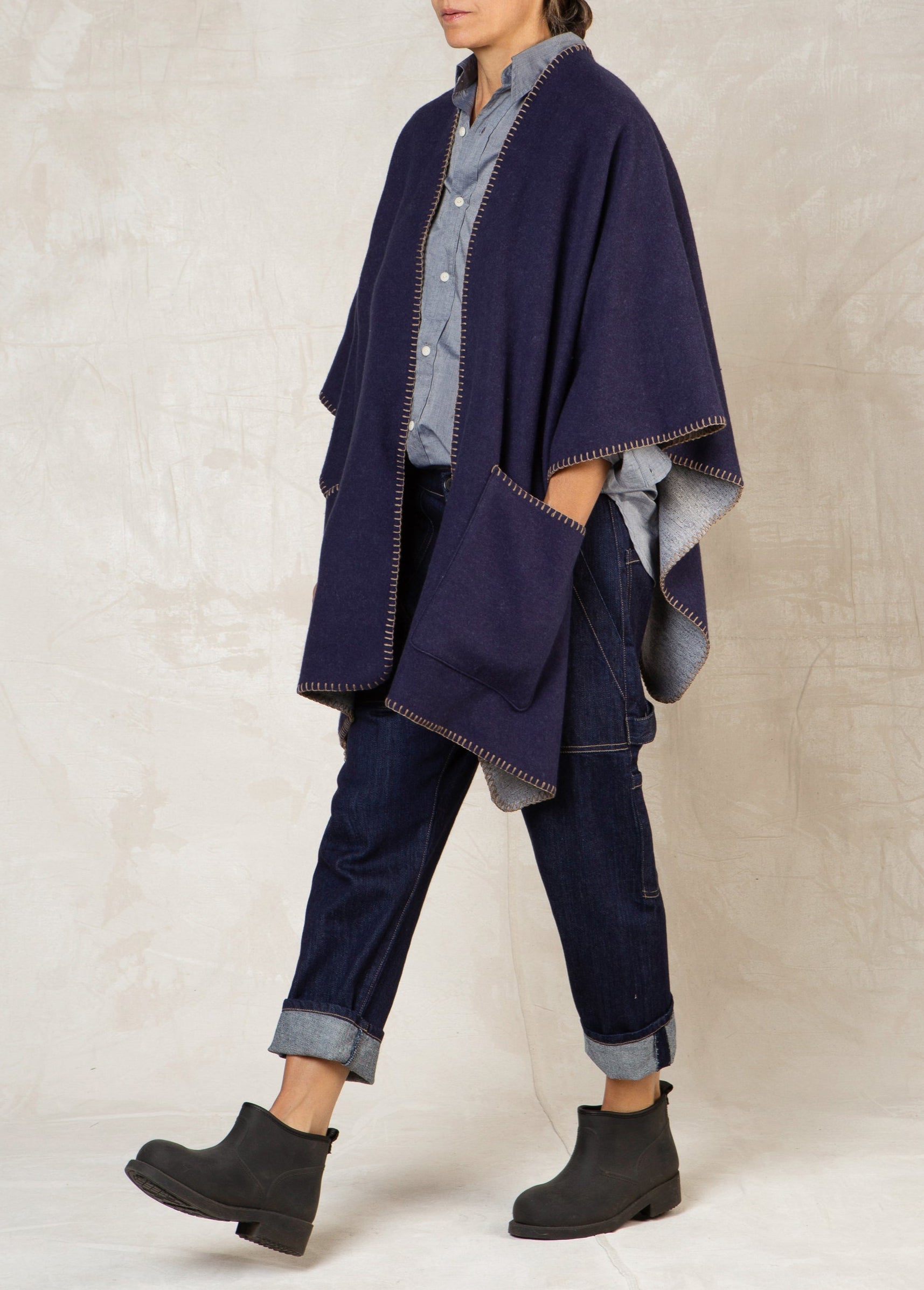 indigo blue fleece poncho open front with stitching side view