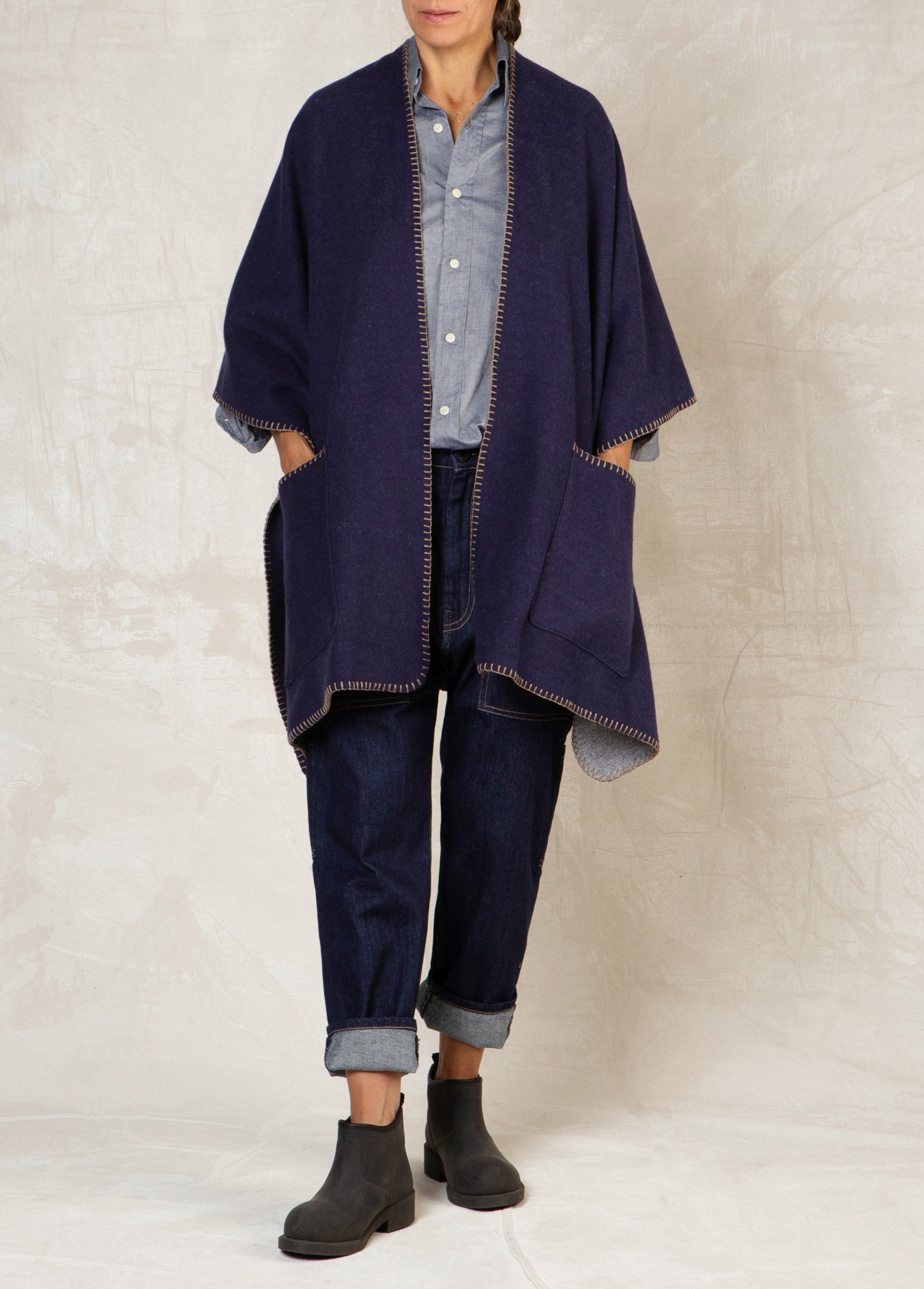 indigo blue fleece poncho open front with stitching