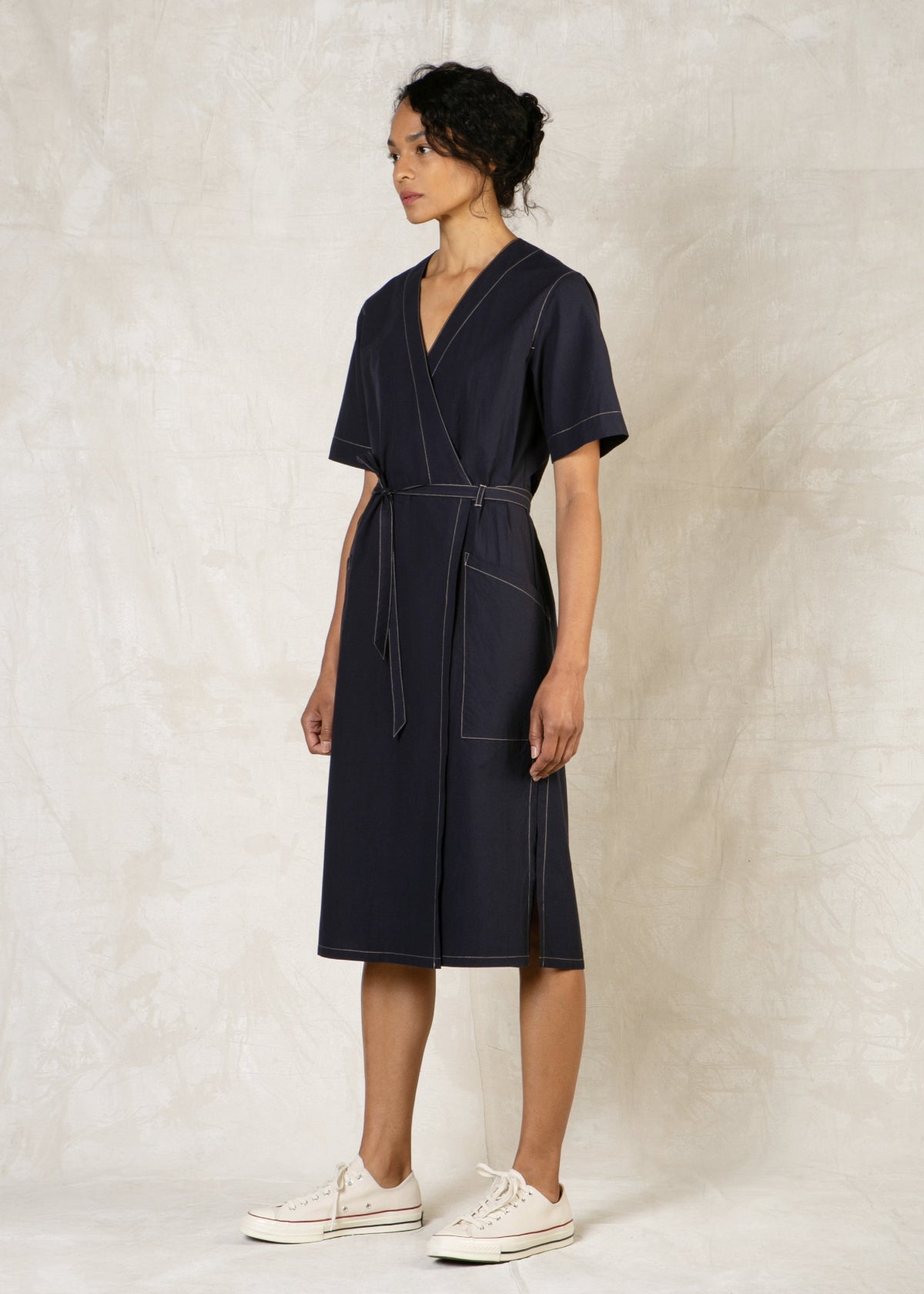 Mid Length indigo blue cotton wrap dress side view