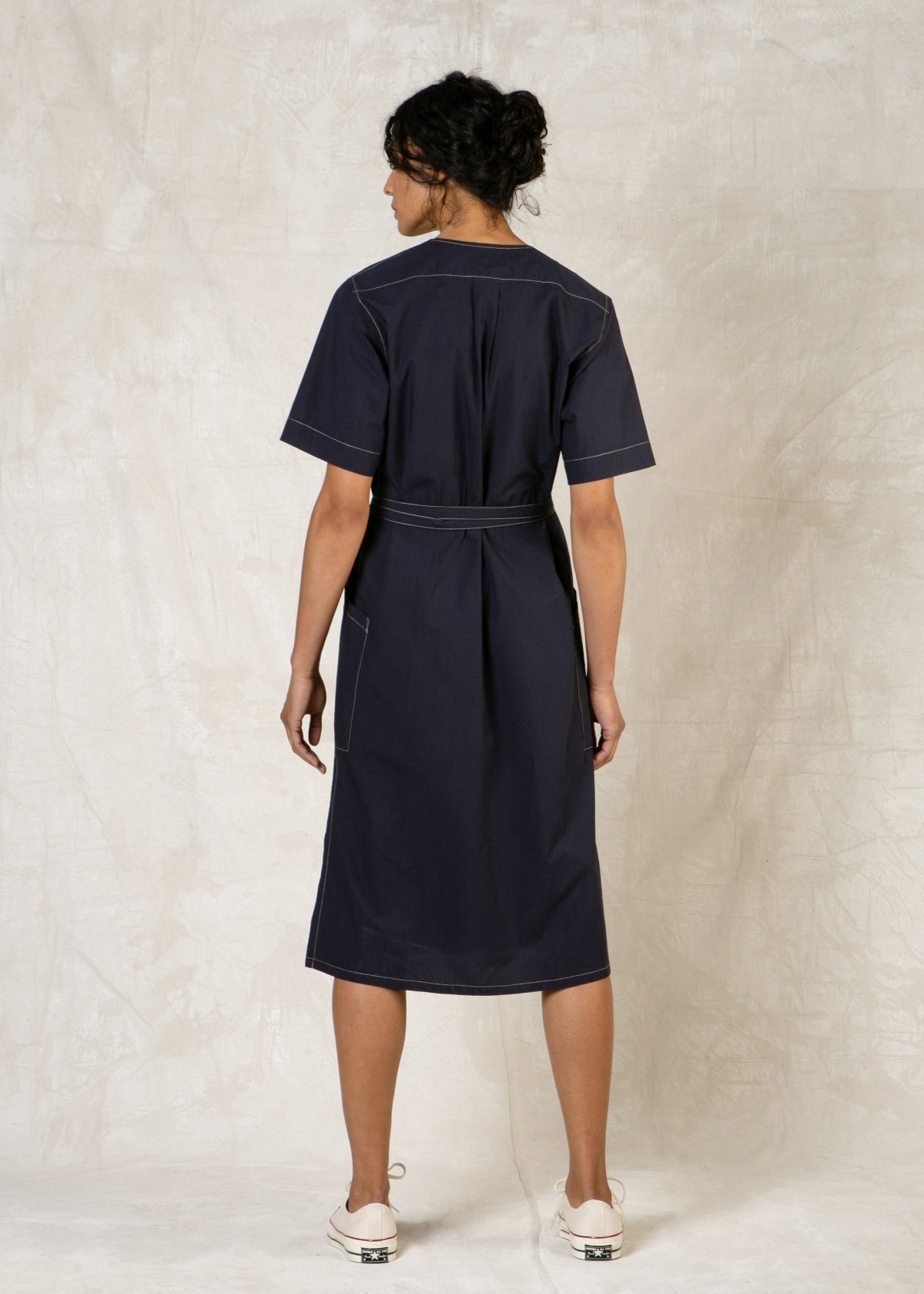 Mid Length indigo blue cotton wrap dress back view