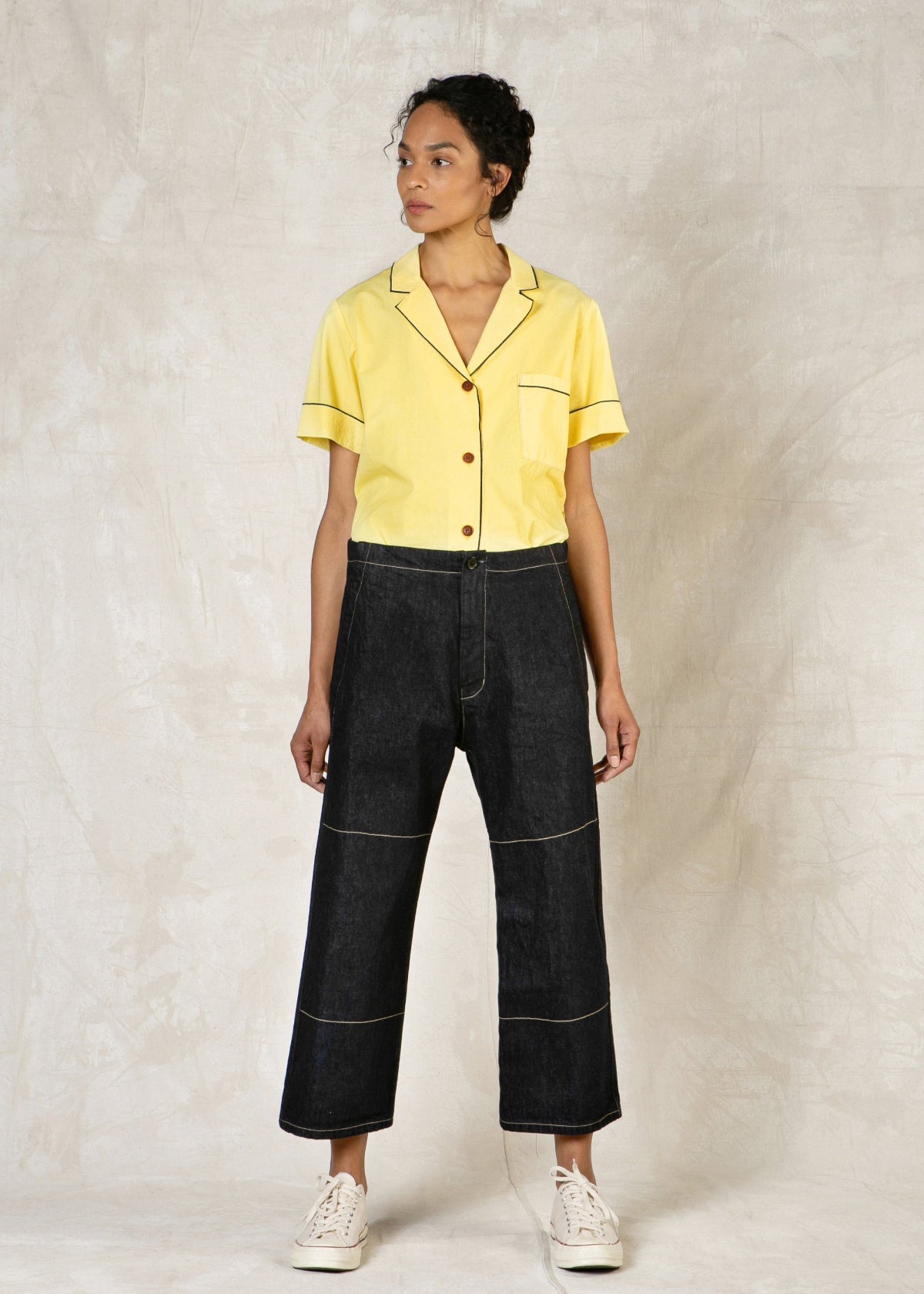 indigo denim cropped pant with stitching