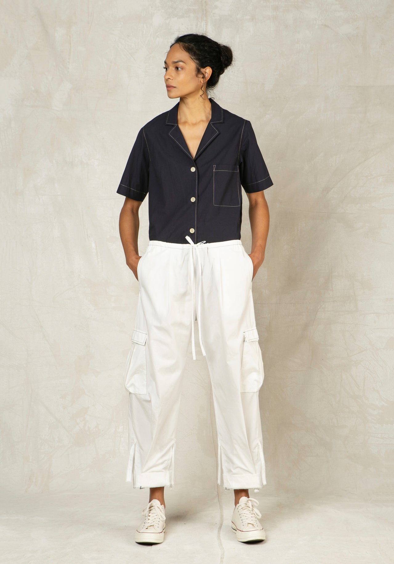 cloud white cotton poplin cargo pant front