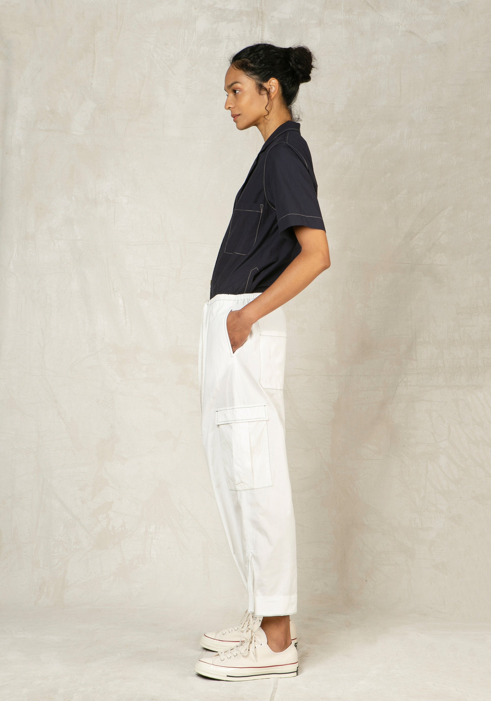 cloud white cotton poplin cargo pant side