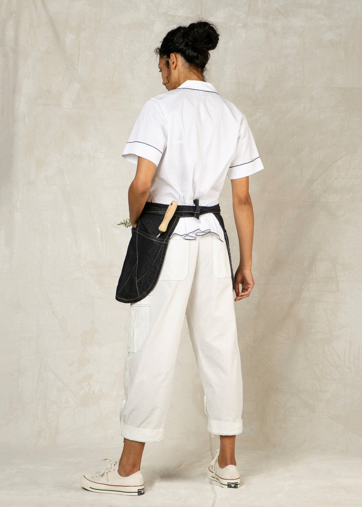 short denim apron with large front pouch pocket back view