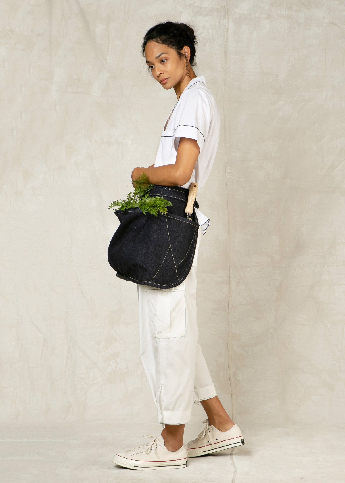 short denim apron with large front pouch pocket side view