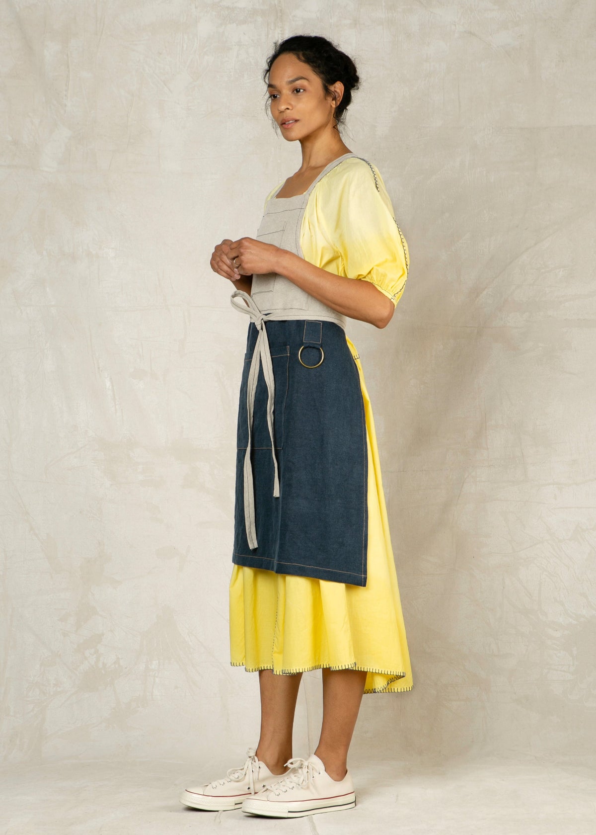 flax/aqua linen workers apron side view