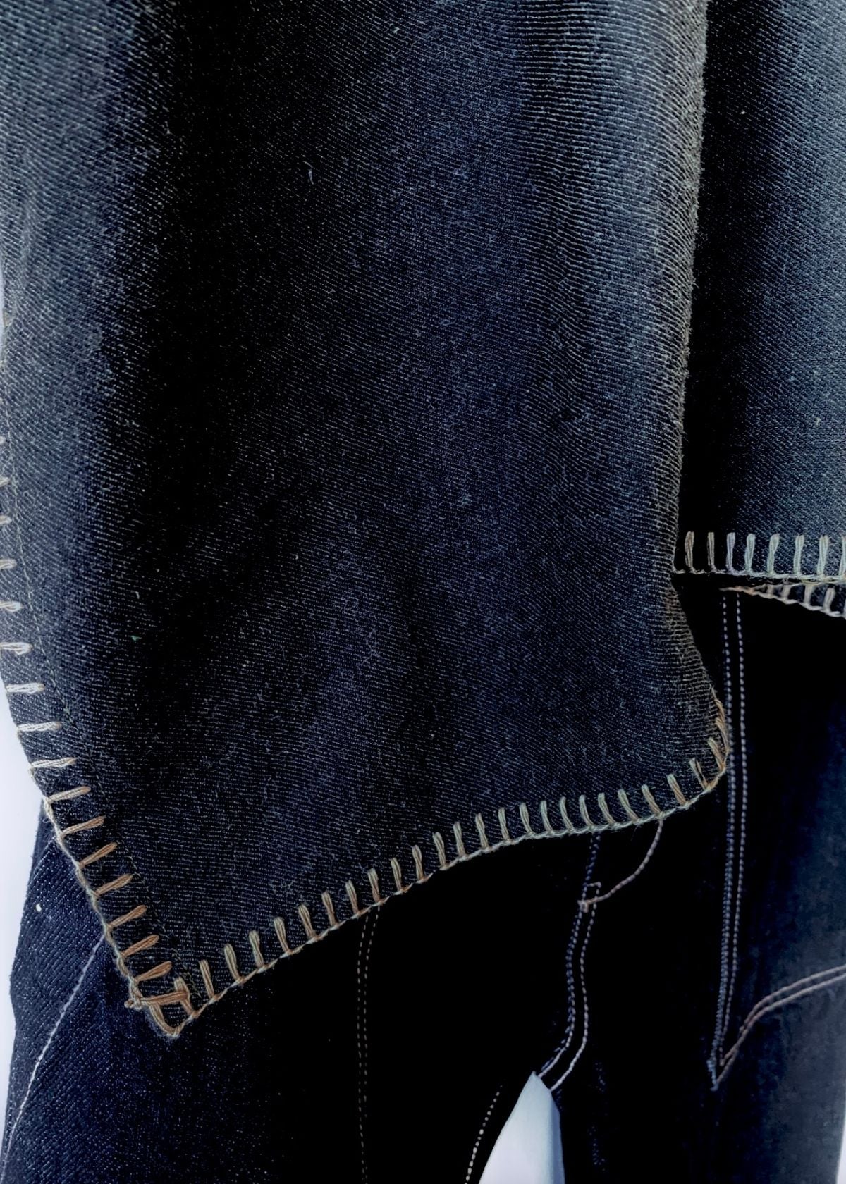 Close-up of dark blue flannel hem with visible blanket stitching