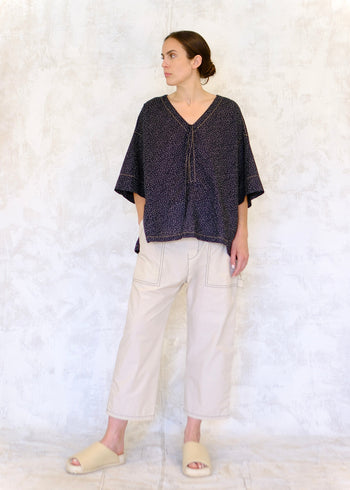 Pullstring Harvest top navy with white dots front