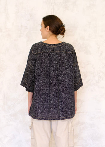 Pullstring Harvest top navy with white dots back