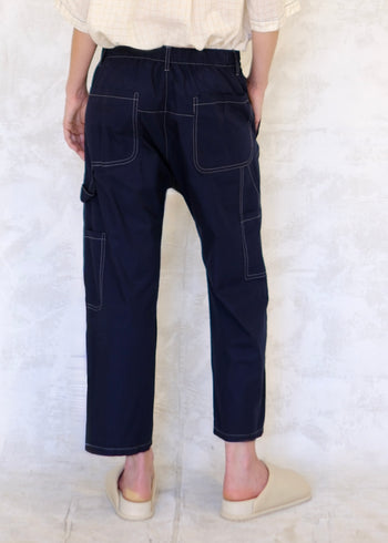 back view navy poplin pants with contrast rear pockets, tool pockets and tool loop