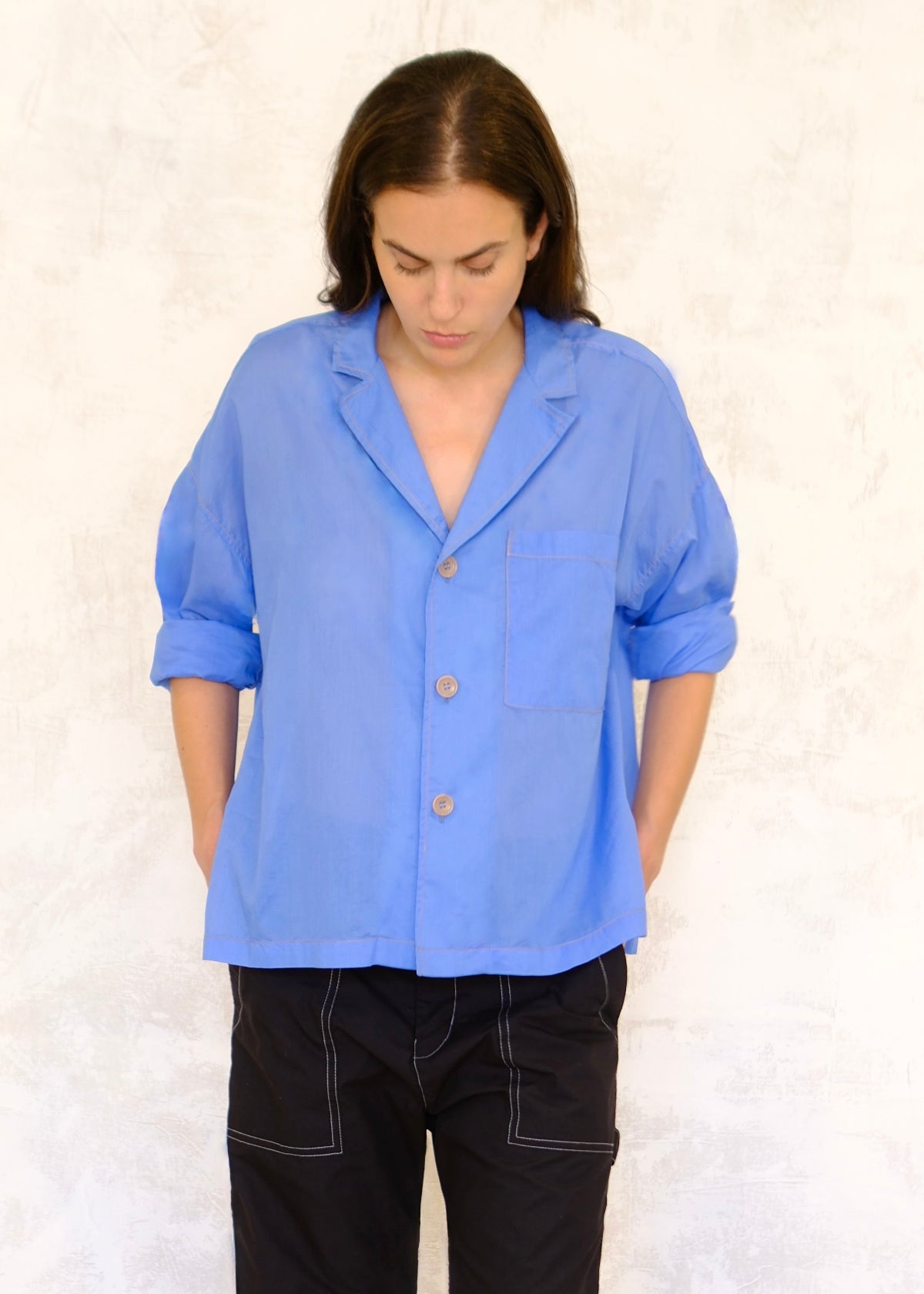 sky blue button up shirt rolled sleeves