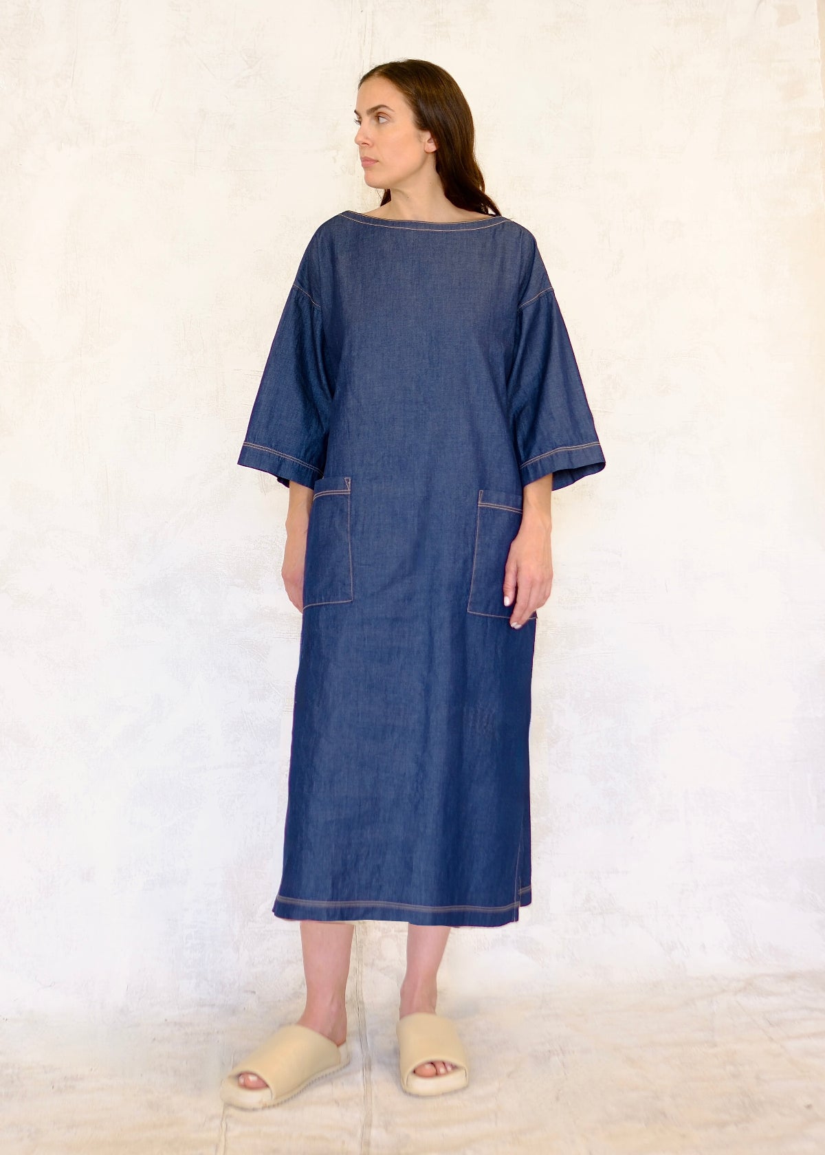denim dress with 2 pockets front view