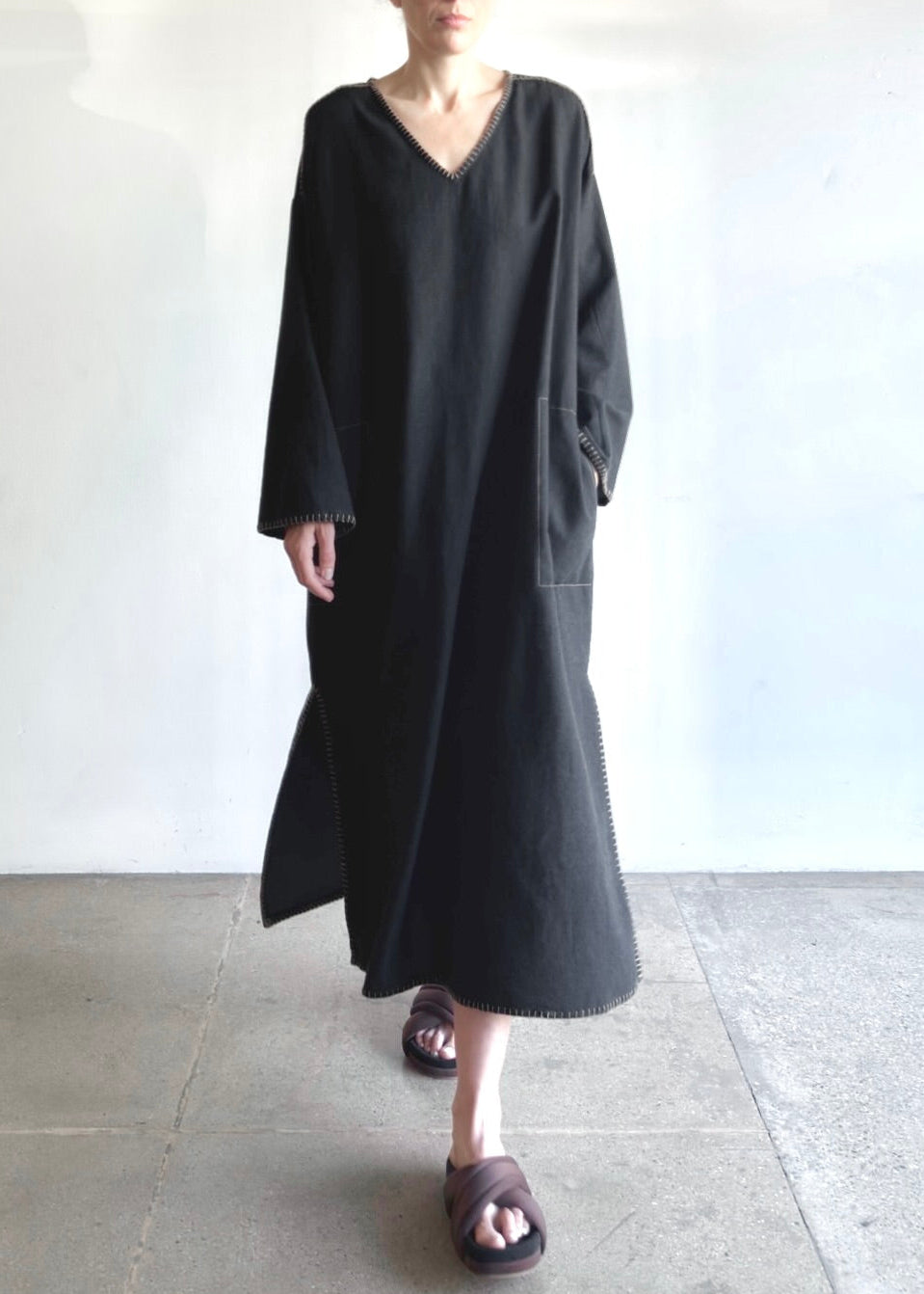 Flannel Poet Dress styled simply, showing relaxed drape and effortless proportion in motion.