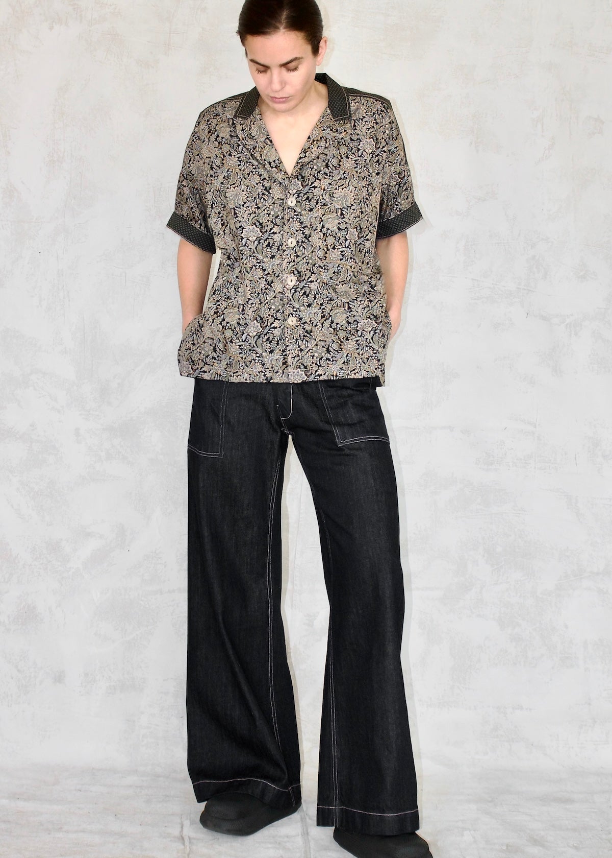 green gray floral printed short sleeve button up shirt front view