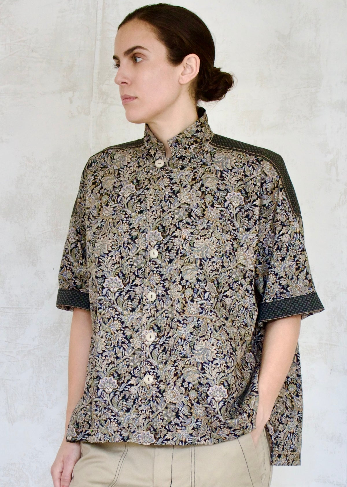green gray floral printed short sleeve button up shirt front view