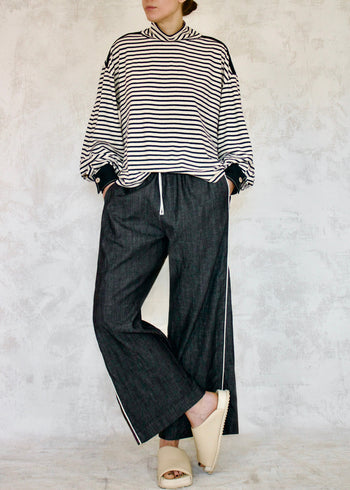 Denim PJ Garner's Pant front with marine stripe cowel neck