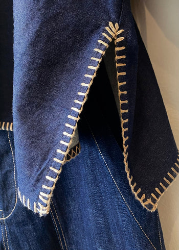 Close-up of blue denim fabric with tan blanket stitching on a plain background