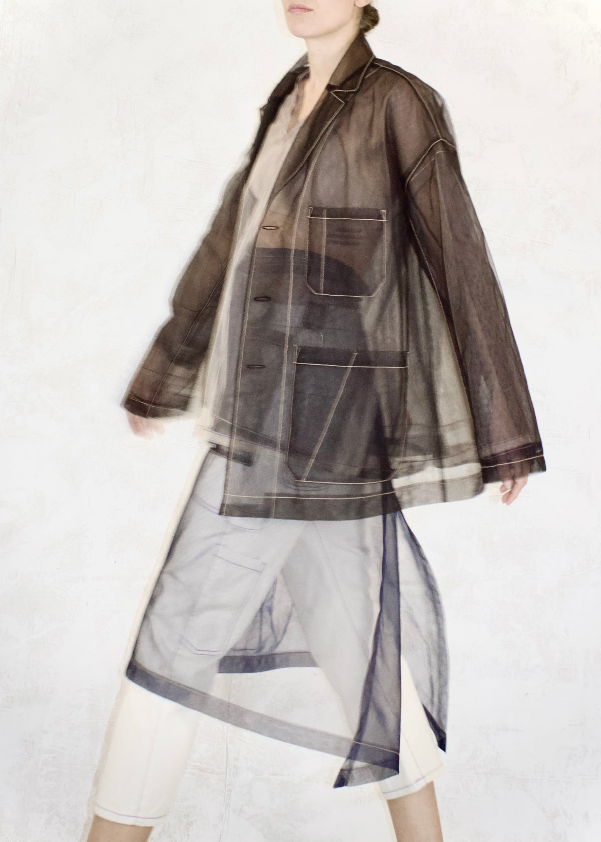 black sheer jacket 4 pockets long sleeve with sheer half apron