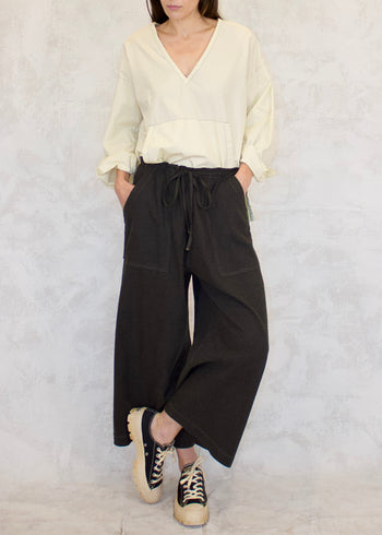 draw string patch pockets cotton pants brown