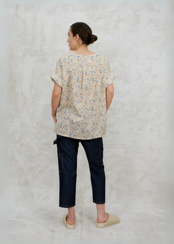 floral cotton v-neck short 3/4 sleeves rolled up above elbows