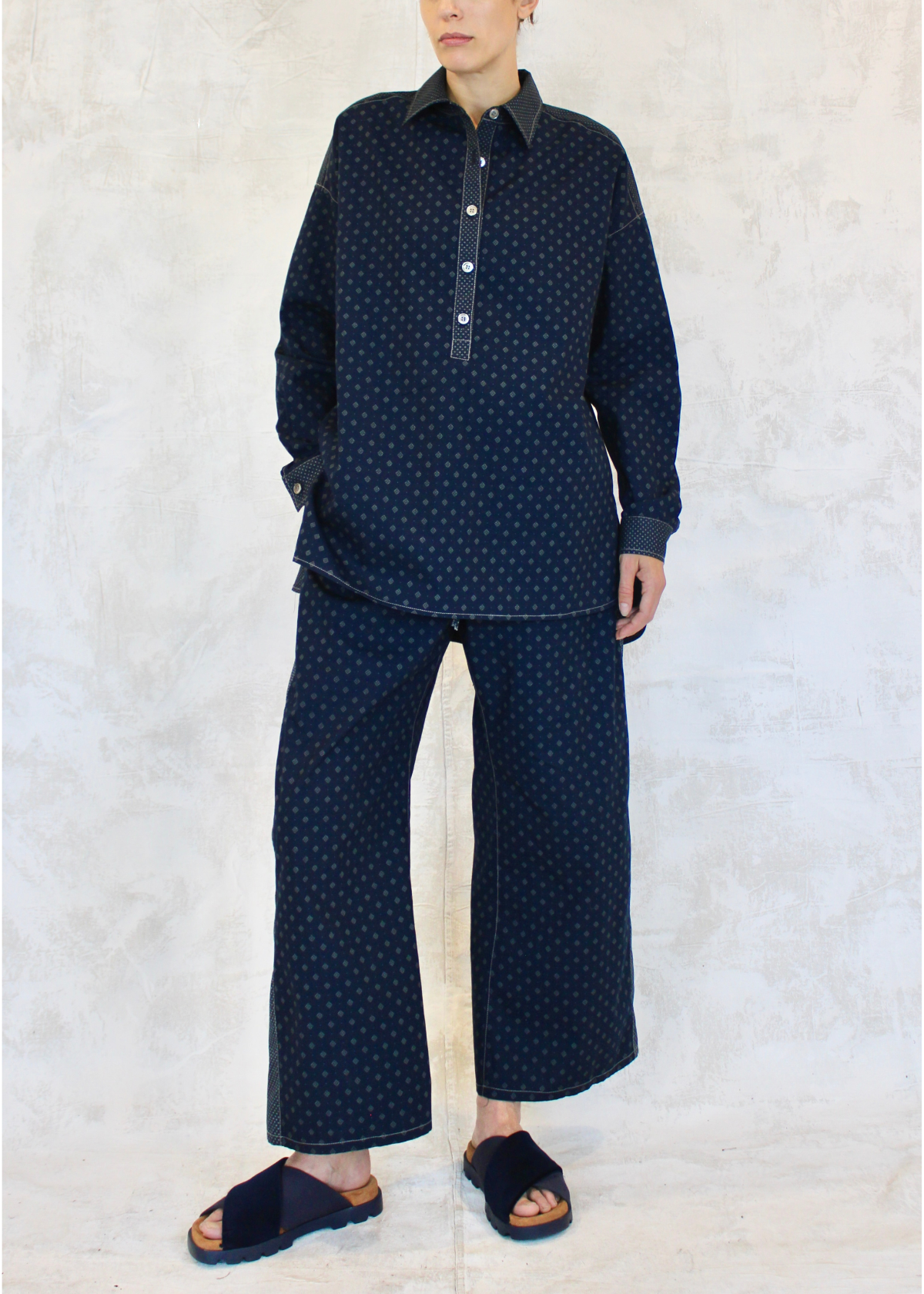 print poplin top 5 buttons long sleeve