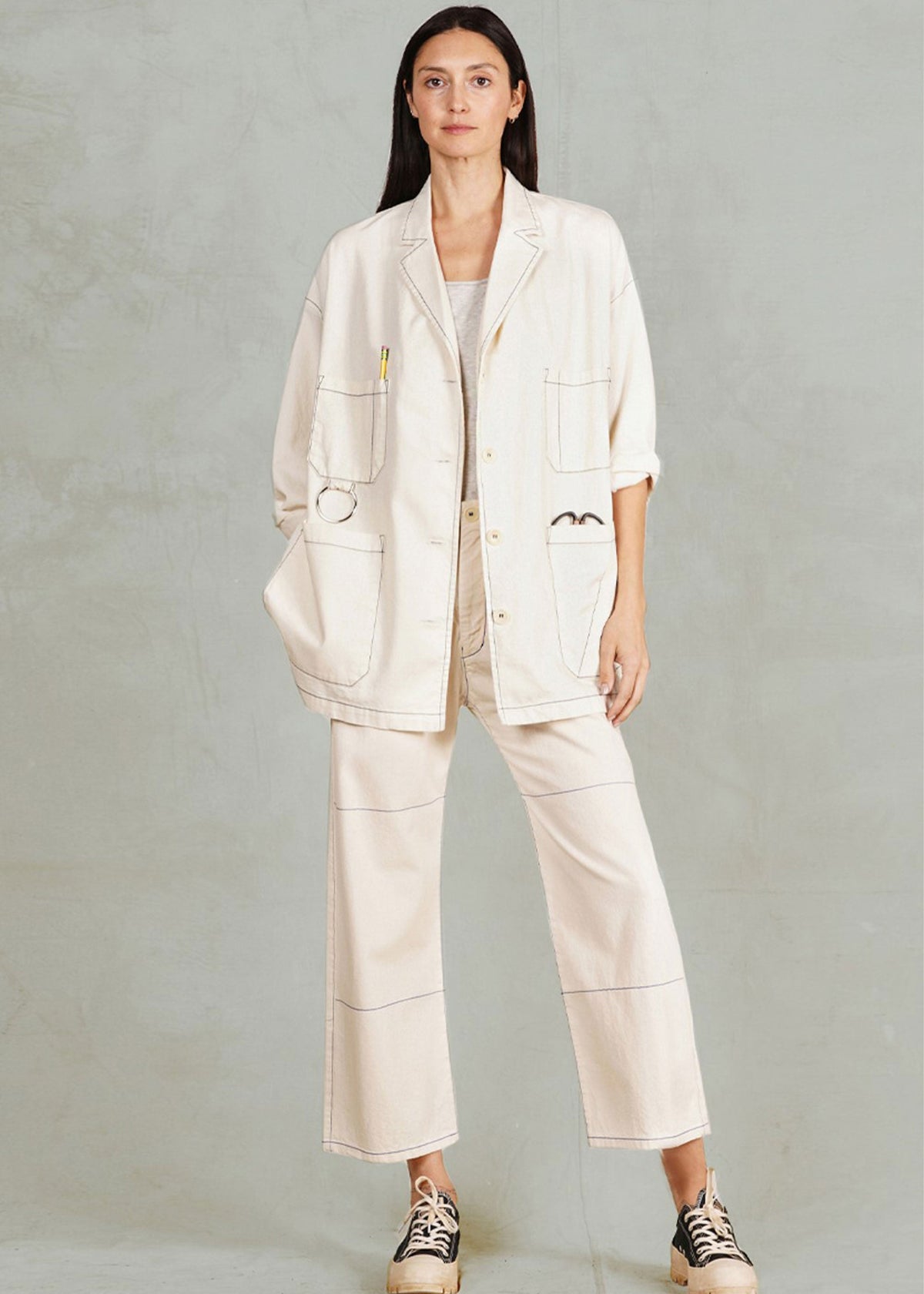 oat cotton utility jacket buttons oversize with matching natural denim pants
