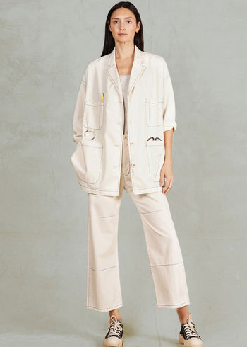 oat cotton utility jacket buttons oversize with matching natural denim pants