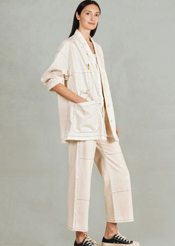 oat cotton utility jacket buttons oversize with matching natural denim pants