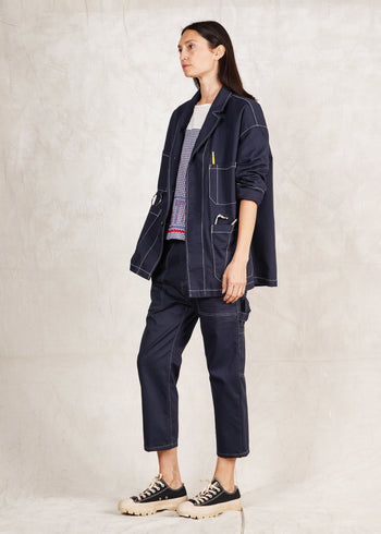 indigo cotton utility jacket buttons oversize fit with matching navy twill cropped pants