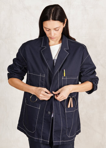 indigo cotton utility jacket buttons oversize fit tools in pockets