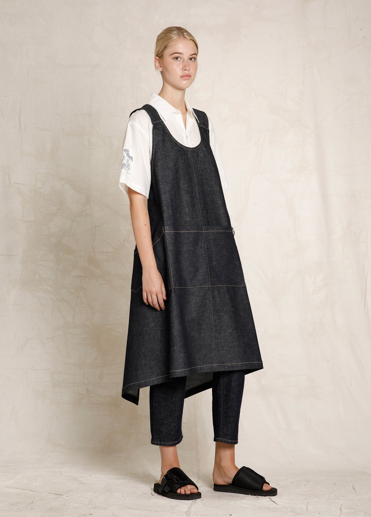 indigo denim pinafore apron front