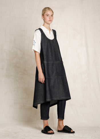 indigo denim pinafore apron front