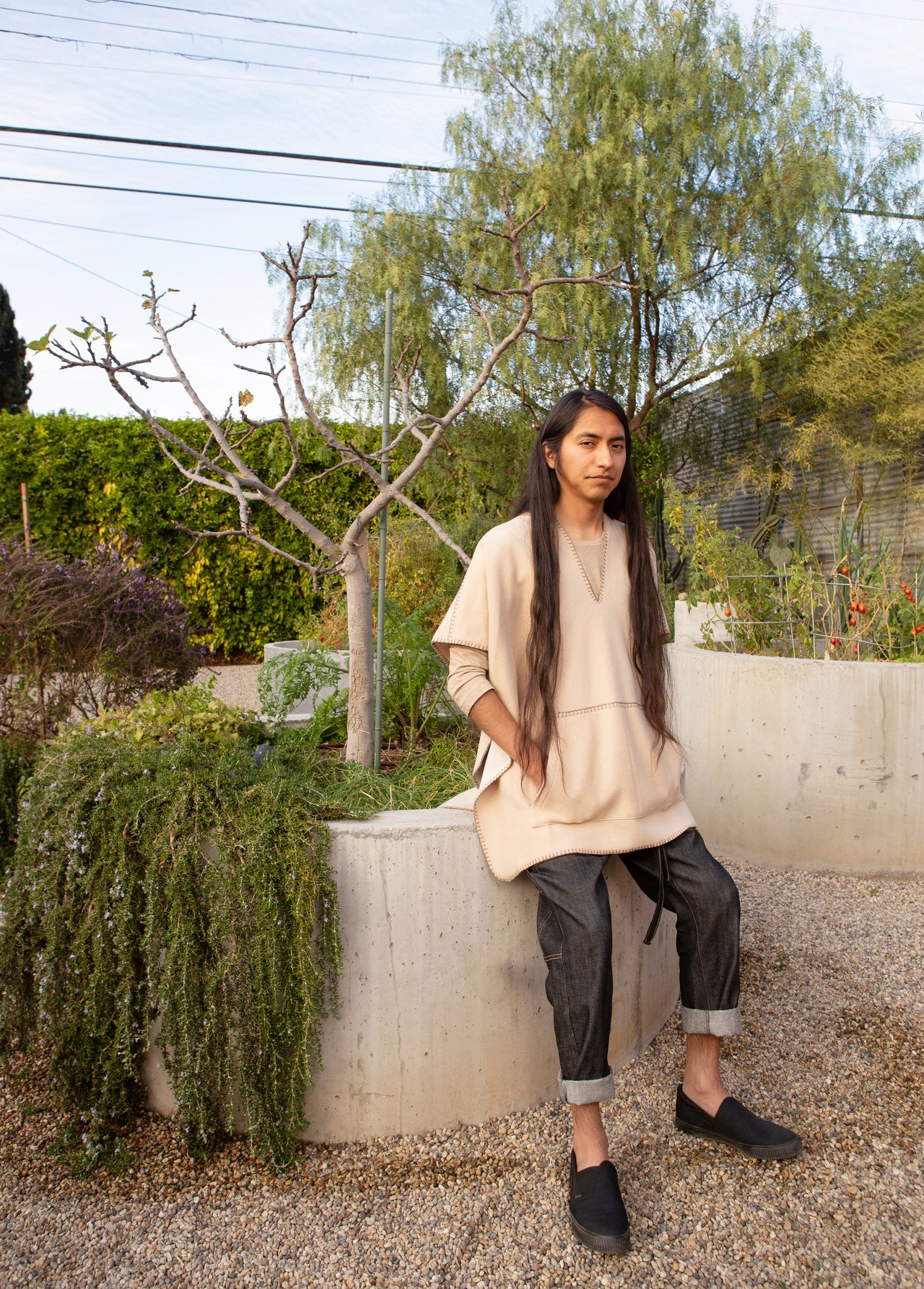 wheat color pull over fleece poncho with stitching 