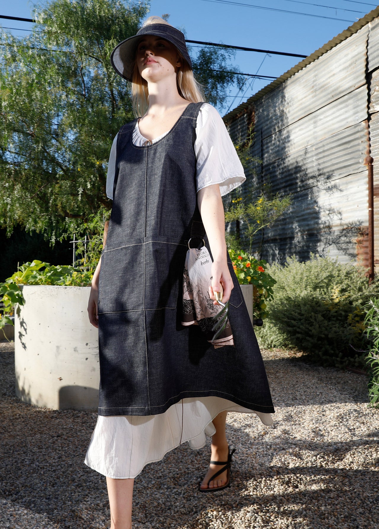 indigo denim pinafore apron side
