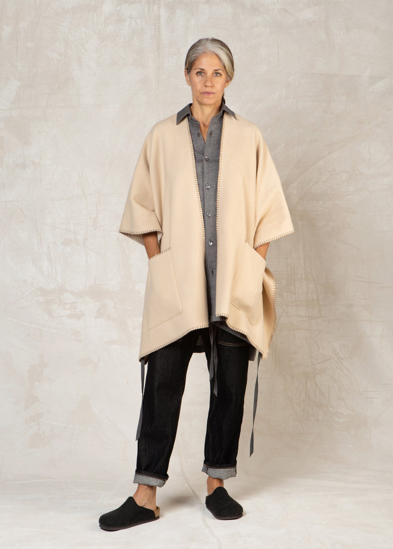 wheat color fleece poncho open front with stitching side