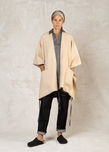 wheat color fleece poncho open front with stitching