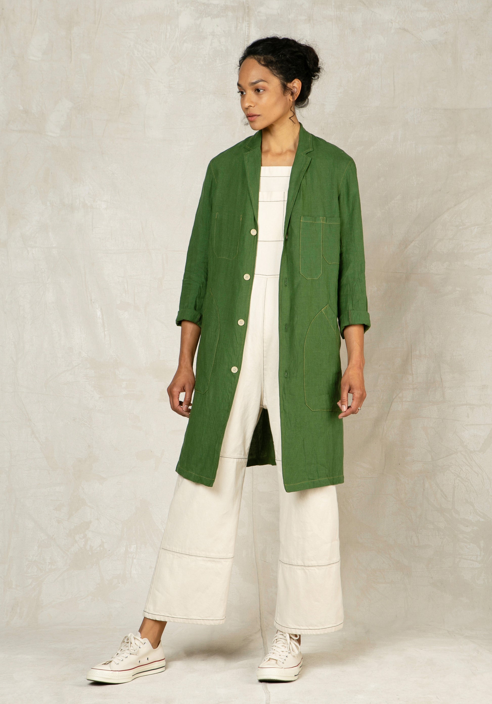 grass green mid length button down linen coat 