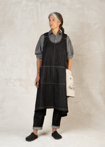 black denim pinafore apron front