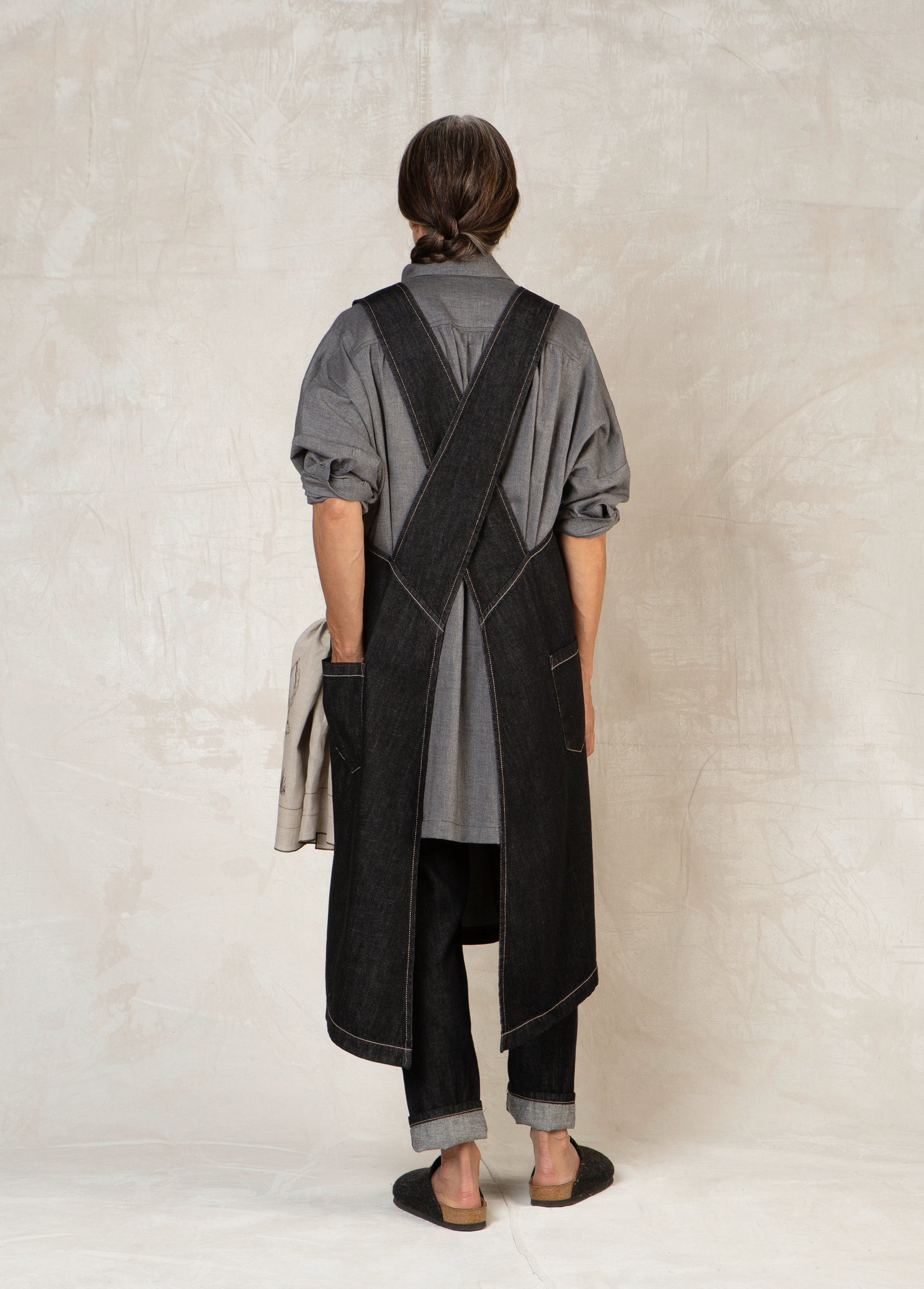black denim pinafore apron back