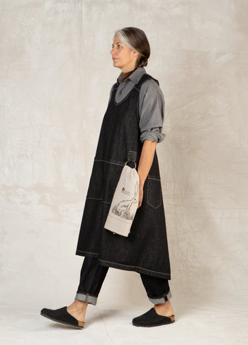 black denim pinafore apron side