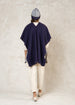 indigo blue pull over fleece poncho with stitching  back view